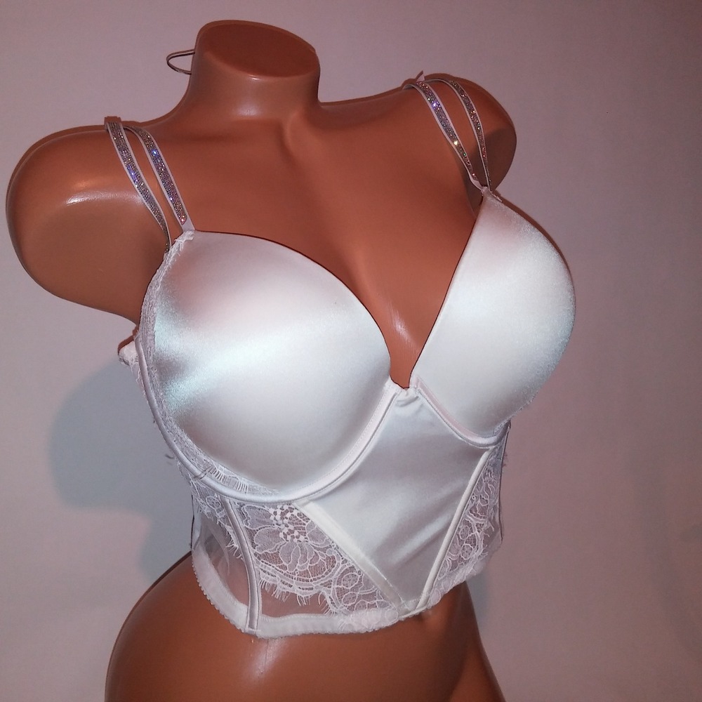 Victoria Secret Bra 38DD Push Up Shine Strap Solid White Long Line Very Sexy New